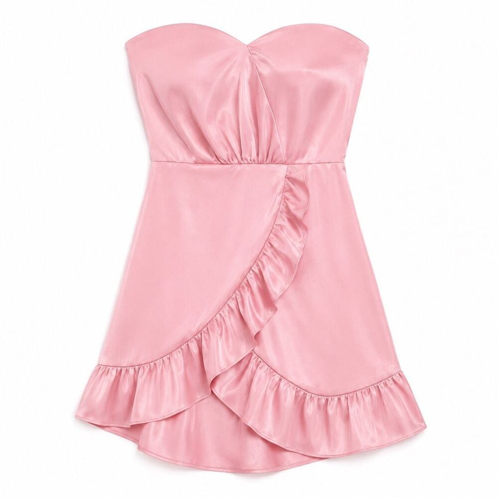 Lulus Strapless Satin Mini Dress Pink Ruffle Party Cocktail Bridal L NWT